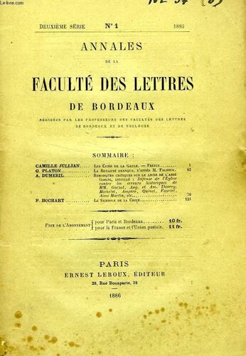 Annales De La Faculte Des Lettres De Bordeaux, 2e Serie, N° 1, 1886