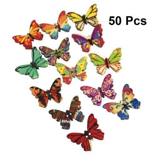 Boutons En Bois Mélangés Bricolage 50 Pièces Boutons Peinture Papillon 2 Trous Aléatoires Pour Vêtements Couture Artisanat 25*18mm
