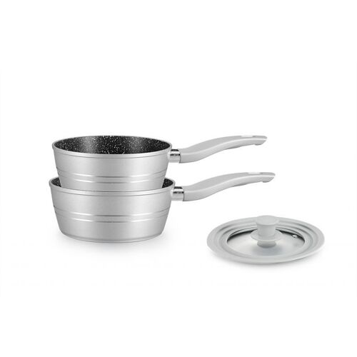 Ensemble De 2 Casseroles Revêtement Marbre Argenté Avec Couvercle En Verre Royalty Line Rlfs2m-Sil