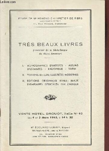 Catalogue De Vente Aux Enchères/Hotel Drouot, Salle 10-4-5 Mars 1963- Très Beaux Livres