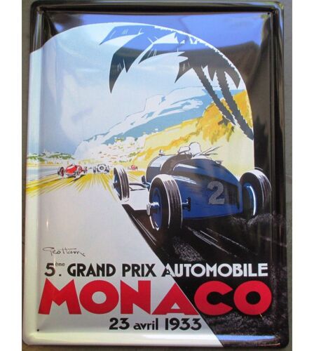 Plaque Grand Prix Monaco 1933 Bolide De Course 40x30cm Tole Deco Garage Emboutie Relief