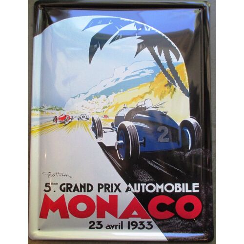 Plaque Grand Prix Monaco 1933 Bolide De Course 40x30cm Tole Deco Garage Emboutie Relief