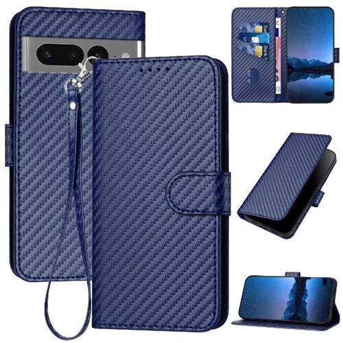 Flip Étui Pour Google Pixel 7 Pro Avec Sangle Détachable Avec Fente Pour Carte Et Béquille Cuir Premium Surface De Fibre De Carbone - Bleu