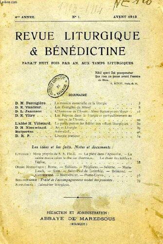 Revue Liturgique & Benedictine, Iie Serie, 4e Annee, N° 1, Avant 1913