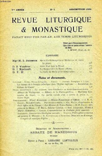 Revue Liturgique & Monastique, 7e Annee, N° 7, Assomption 1922