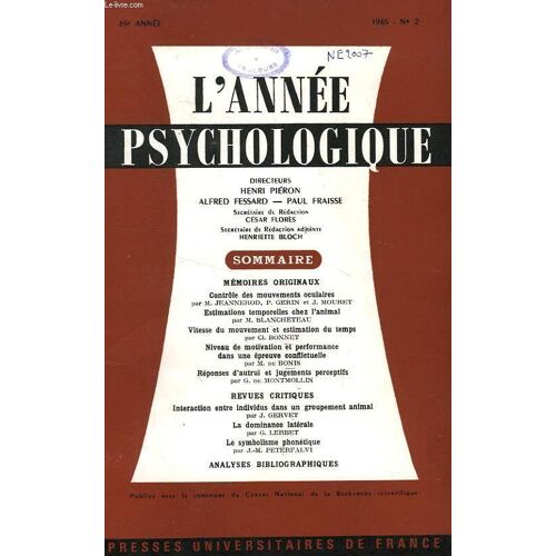 L'annee Psychologique, 65e Annee, Fasc. N° 2, 1965