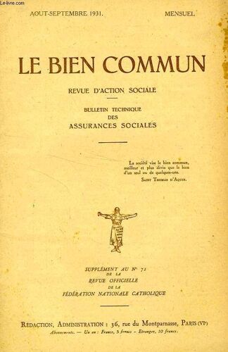 Le Bien Commun, Revue D'action Sociale, Aout-Sept. 1931