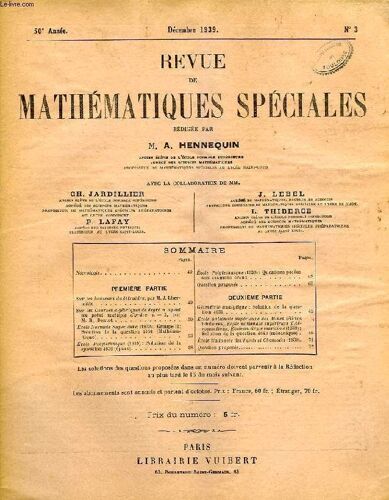 Revue De Mathematiques Speciales, 50e Annee, N° 3, Dec. 1939