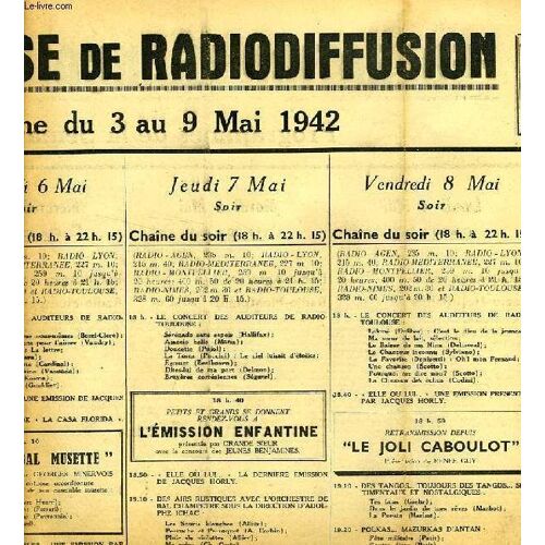 Federation Francaise De Radiodiffusion, Programmes De La Semaine Du 3 Au 9 Mai 1942