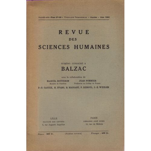 Revue Des Sciences Humaines Numéro Consacré A Balzac