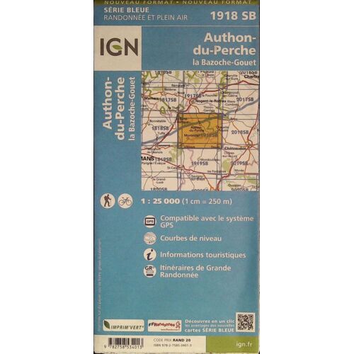 Carte Ign Authon-Du-Perche La Bazoche-Gouet 1918 Sb Série Bleue Randonnée Et Plein Air 1:25000eme 2015