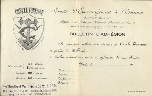 Escrime Cercle Turenne Paris -Bulletin Adhesion 1908
