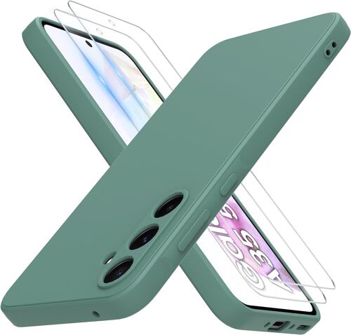 Coque Pour Samsung Galaxy A35 5g Avec 2 Verre Trempé,Silicone Liquide Coque Galaxy A35 Housse Étui De Protection Galaxy A35 Microfibre Anti-Rayures Coque Galaxy A35 5g 6.6"" - Vert Foncé