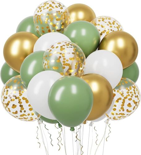 60 Pcs Ballons Rétro Vert Blanc Or Confettis Ballons en Latex, Ballon Vert Or pour Anniversaire, Mariage, Baby Shower Decoration