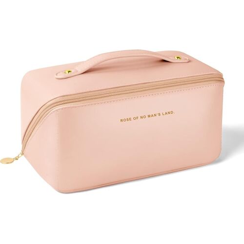 (Rose)Grande Trousse de Maquillage Voyage avec Poignée, Étanche Portable Trousse de Rangement Toilette Femme, Sac à Cosmétiques en Cuir PU Pochette