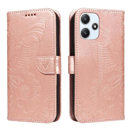 Tongez Étui Pour Xiaomi Poco M6 Pro 5g Papillon En Relief Avec Fente Pour Carte De Crédit Cuir De Haute Qualité Sangle De Main Détachable - Couleur Rose
