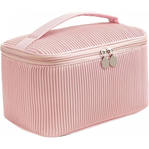 Trousse Maquillage Femme Voyage, Grande Trousse de Toilette Femme Voyage, Sac à Cosmétiques Imperméable avec Brosse Compartiment, Trousse de Voyage en Cuir PU pour Femmes, Rose