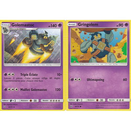 2 Cartes Pokemon - Golemastoc 44/73 + Gringolem 43/73 - Soleil Et Lune 3,5 Légendes Brillantes