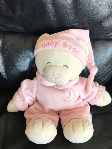 Peluche Ours En Velours Blanc Crème, Habit Et Bonnet Rose. Lune Et "Baby Bear" Brodés 30cm