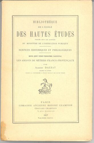 Les Argots De Métiers Franco-Provençaux.-