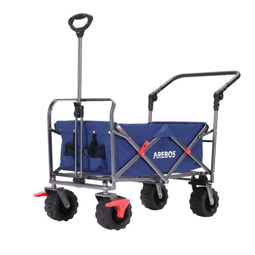 AREBOS Chariot Utilitaire d'extérieur avec Barre de Poussée Télescopique Pliable Bleu