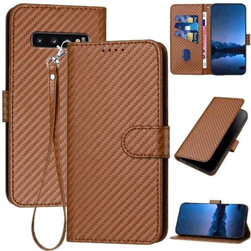 Flip Étui Pour Samsung Galaxy S10 Cuir Premium Surface De Fibre De Carbone Avec Fente Pour Carte Et Béquille Avec Sangle Détachable - Le Brun