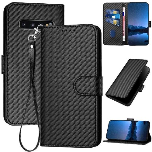 Flip Étui Pour Samsung Galaxy S10 Cuir Premium Surface De Fibre De Carbone Avec Fente Pour Carte Et Béquille Avec Sangle Détachable - Noir