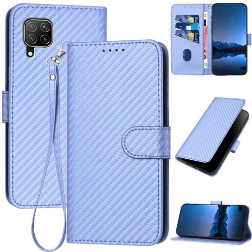 Flip Étui Pour Huawei P40 Lite Cuir Premium Avec Fente Pour Carte Et Béquille Avec Sangle Détachable Surface De Fibre De Carbone - Violet
