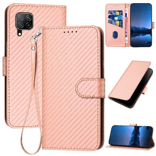 Flip Étui Pour Huawei P40 Lite Cuir Premium Avec Fente Pour Carte Et Béquille Avec Sangle Détachable Surface De Fibre De Carbone - Couleur Rose