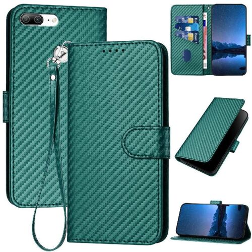 Flip Étui Pour Honor 9 Lite Cuir Premium Avec Fente Pour Carte Et Béquille Surface De Fibre De Carbone Avec Sangle Détachable - Vert Foncé