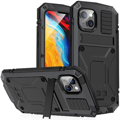 Métal Étui Pour Iphone 14 Housse De Protection Intégrale 360 Protecteur D'écran En Verre Chantier Lourd Avec Baillou - Noir
