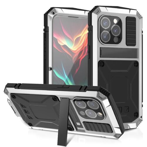 Métal Étui Pour Iphone 15 Pro Protecteur D'écran En Verre Housse De Protection Intégrale 360 Avec Baillou Chantier Lourd - Argent
