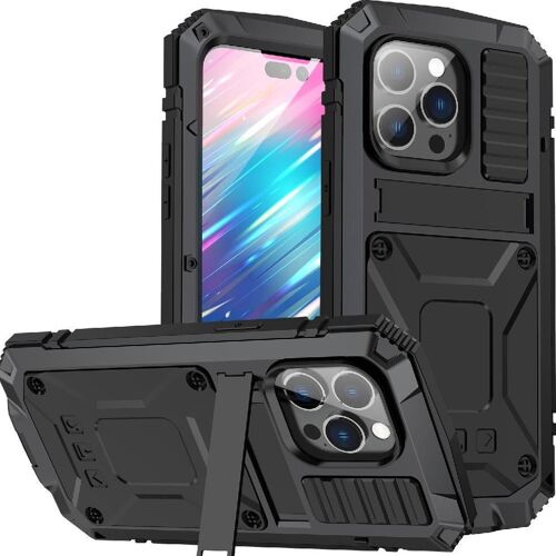 Métal Étui Pour Iphone 11 Pro Max Avec Baillou Housse De Protection Intégrale 360 Protecteur D'écran En Verre Chantier Lourd - Noir
