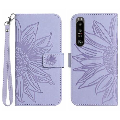 Étui Pour Sony Xperia 1 Vi Étui De Téléphone Portefeuille Flip Avec Porte-Fentes Pour Cartes Sangle Courte Tournesol Gaufré Cuir Pu De Luxe - Violet Clair