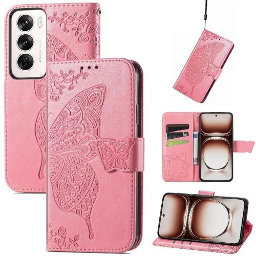 Flip Étui Pour Oppo Reno 12 Aile Multi-Couleur Papillon Portefeuille Affaires - Couleur Rose