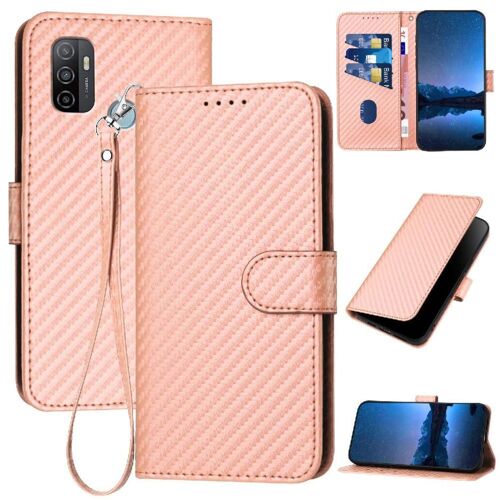 Flip Étui Pour Oppo A53 2020 Cuir Premium Avec Fente Pour Carte Et Béquille Avec Sangle Détachable Surface De Fibre De Carbone - Couleur Rose