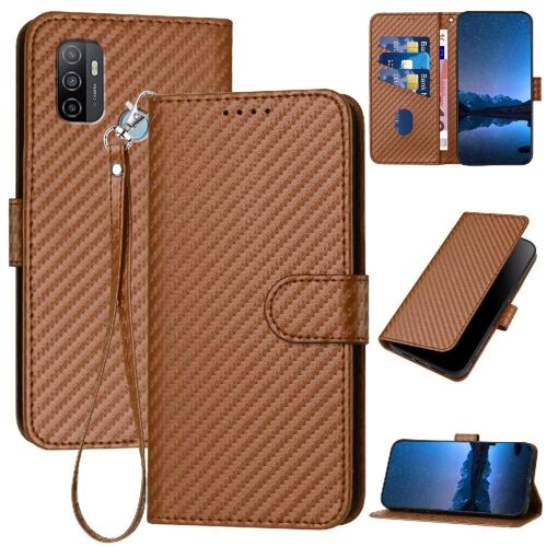 Flip Étui Pour Oppo A53 2020 Cuir Premium Avec Fente Pour Carte Et Béquille Avec Sangle Détachable Surface De Fibre De Carbone - Le Brun