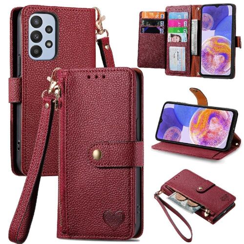Étui Pour Samsung Galaxy A23 5g Étui En Cuir Lanière Fermeture Éclair Portefeuille Amour - Rouge