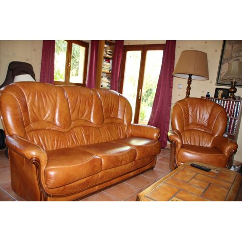 CANAPE CUIR FAUVE - 3 PLACES ET 2 FAUTEUILS ASSORTIS