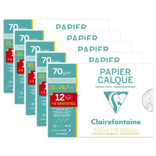 Clairefontaine Lot De 5 Pochettes Papier Calque 21x29.7cm 70g 12 + 3 Gratuites