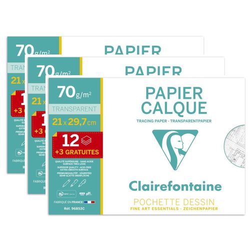 Clairefontaine Lot De 3 Pochettes Papier Calque 21x29.7cm 70g 12 + 3 Gratuites
