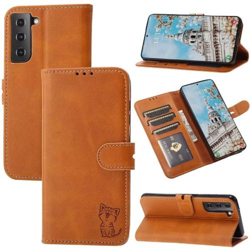 Compatible Avec Coque Samsung Galaxy S23 Plus En Cuir Portefeuille Etui Avec Fentes De Cartes, Fonction Support+Film De Protection D`Écran, Flip Case Housse-Marron