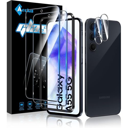 Verre Trempé pour Samsung Galaxy A55 5G avec Caméra Arrière Protecteur [2+2 Pièces], Dureté 9H [Sans Bulles] [Ultra HD] Ultra Résistant Film Vitre Trempé Protection écran [Transparente]