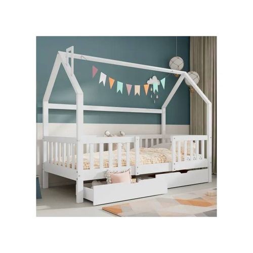 Lit D'enfant Deux Tiroirs De Rangement Sommier À Lattes Robuste Lit D'enfant Pine Maison, 90 X 200 Cm, Sans Matelas, Blanc