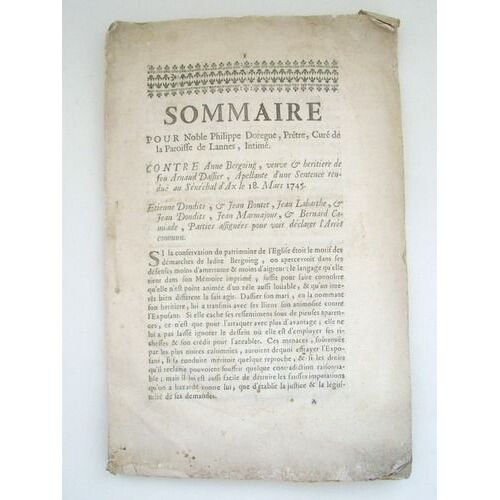 Sommaire Pour Noble Philippe Doregue, Prêtre, Curé De La Paroisse De Lannes, Intimé. Contre Anne Bergoing, Veuve & Héritière De Feu Arnaud Dassie, Ap