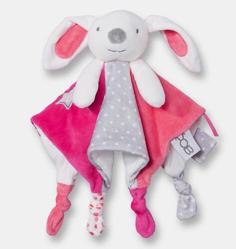 Doudou Lapin Charline Obaibi Rose Fuchsia Gris Blanc Plat Peluche Jouet Enfant Bebe