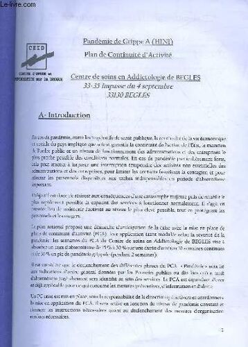Pandemie De Grippe A (H1n1) Plan De Continuite D'activite