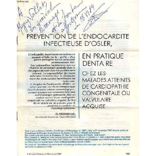 Prevention De L'endocardite Infectieuse D'osler, En Pratique Dentaire