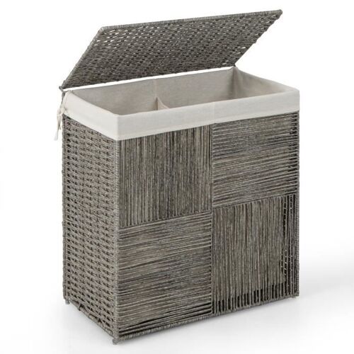 COSTWAY Panier à Linge 110L à 2 Sac Doublure Amovible avec Couvercle en Rotin Tressé à la Main avec Poignées 57 x 33 x 62 CM Gris