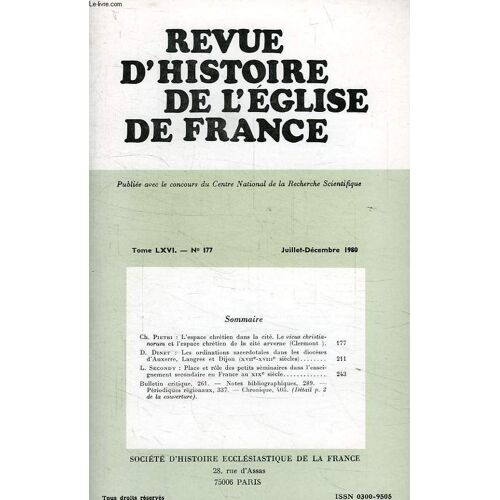 Revue D'histoire De L'eglise De France, Tome Lxvi, N° 177, Juillet-Dec. 1981